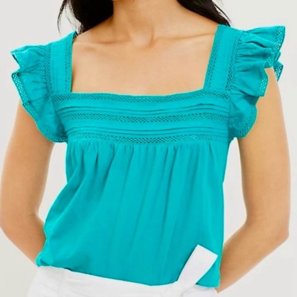 Ann Taylor LOFT Turquoise Blouse with Lace and Flutter Sleeves Women’s Size XL - Picture 2 of 14